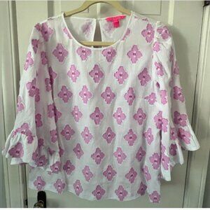 Lilly Pulitzer Flutter Sleeve White and Pink Blouse L